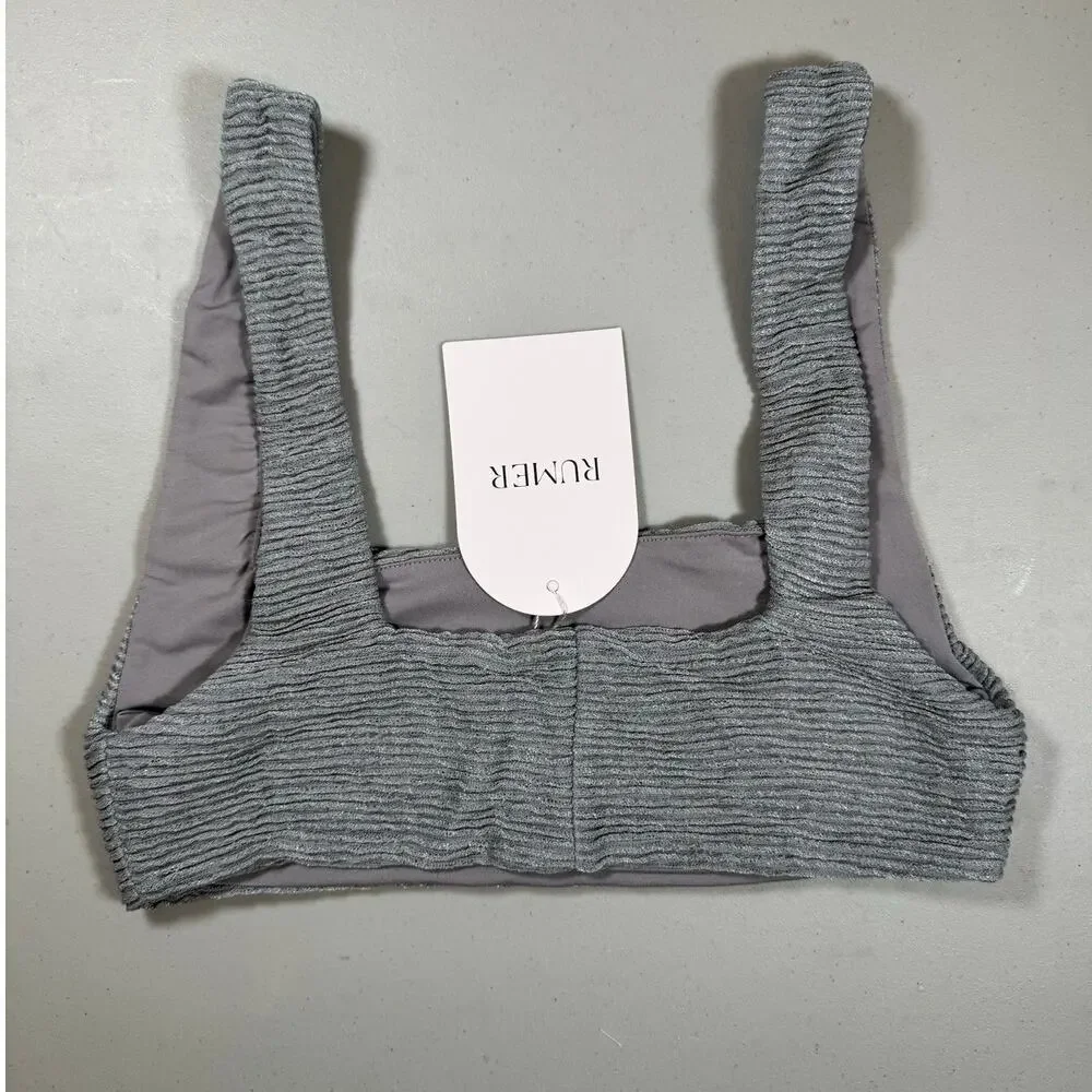 NWT RUMER The Label 3 Piece Bikini Set Gray Ribbed Fabric Size Small